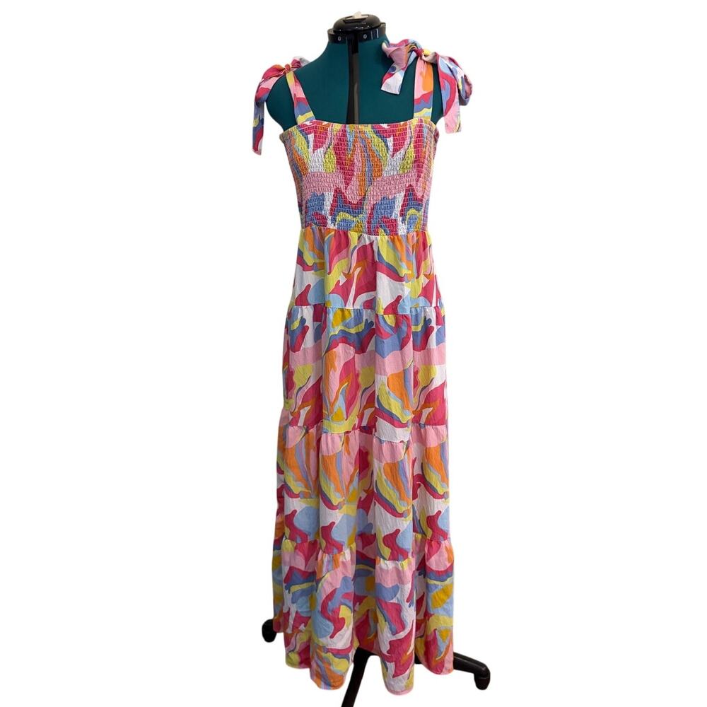 Michelle McDowell Womens Large Boho Tiered Maxi Dress Smocked Colorful Print